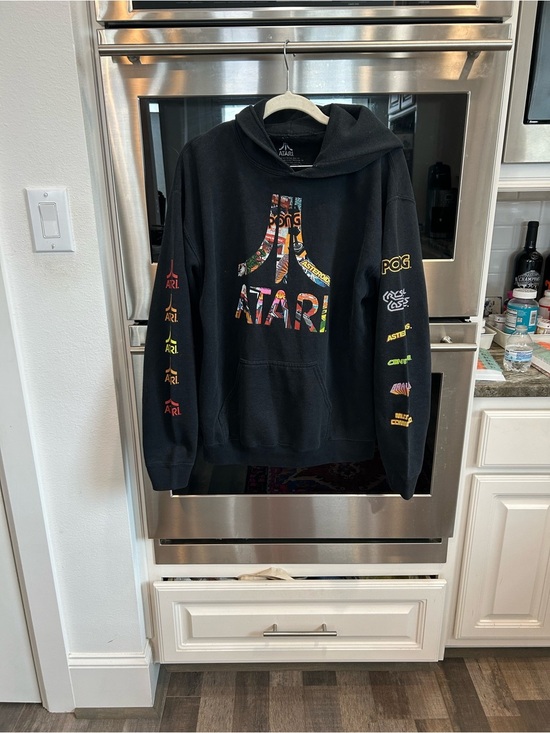 Atari Black Logo Pullover Hoodie size M has wear missing drawstring